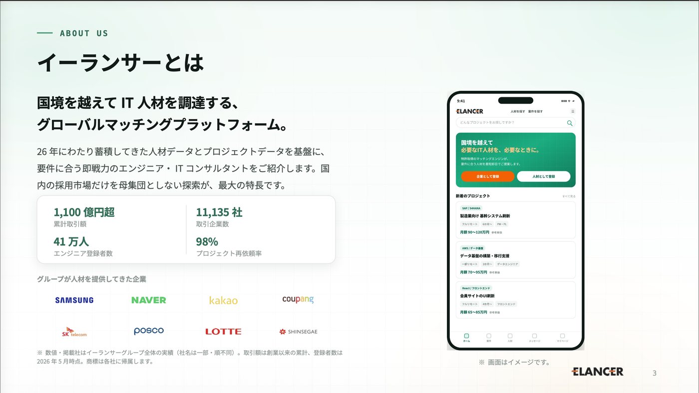 登壇資料：イーランサーとは。累計取引額1,100億円超、取引企業数11,135社、エンジニア登録者数41万人